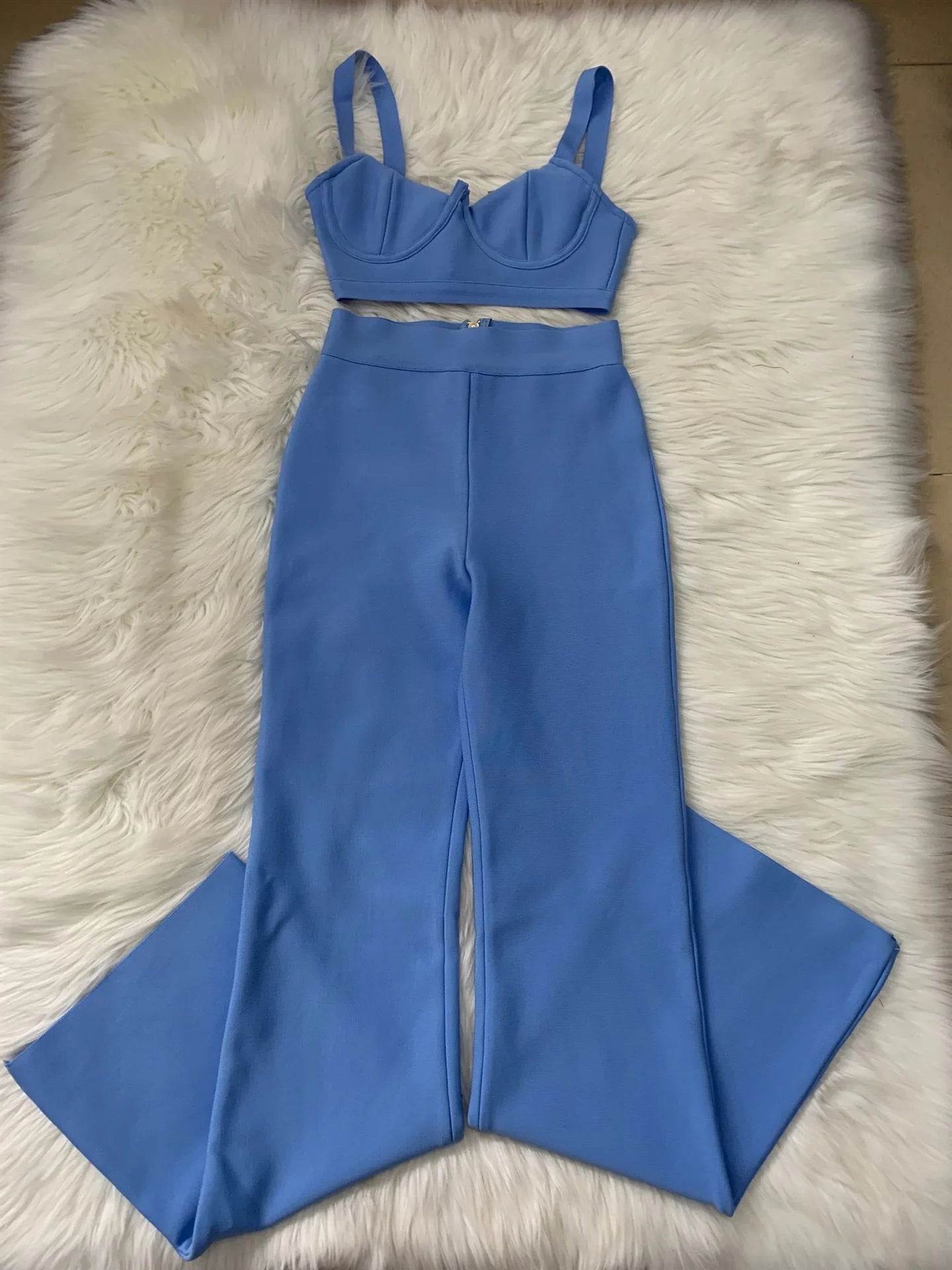 High quality Blue Two Pieces Set Bodycon Rayon Bandage Set Evening Party Sexy Fashion Outfit
