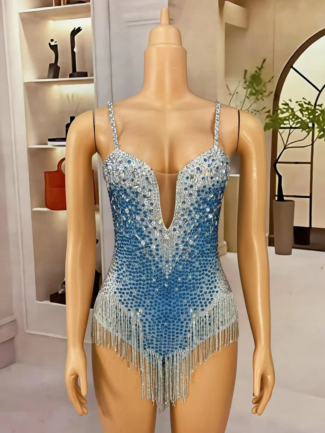 Sparkly Rhinestone Sleeveless Deep V Spandex Bodysuit Nightclub Showgirl Dance Show Crystals Tassel Skinny Bodysuit Bingqilin