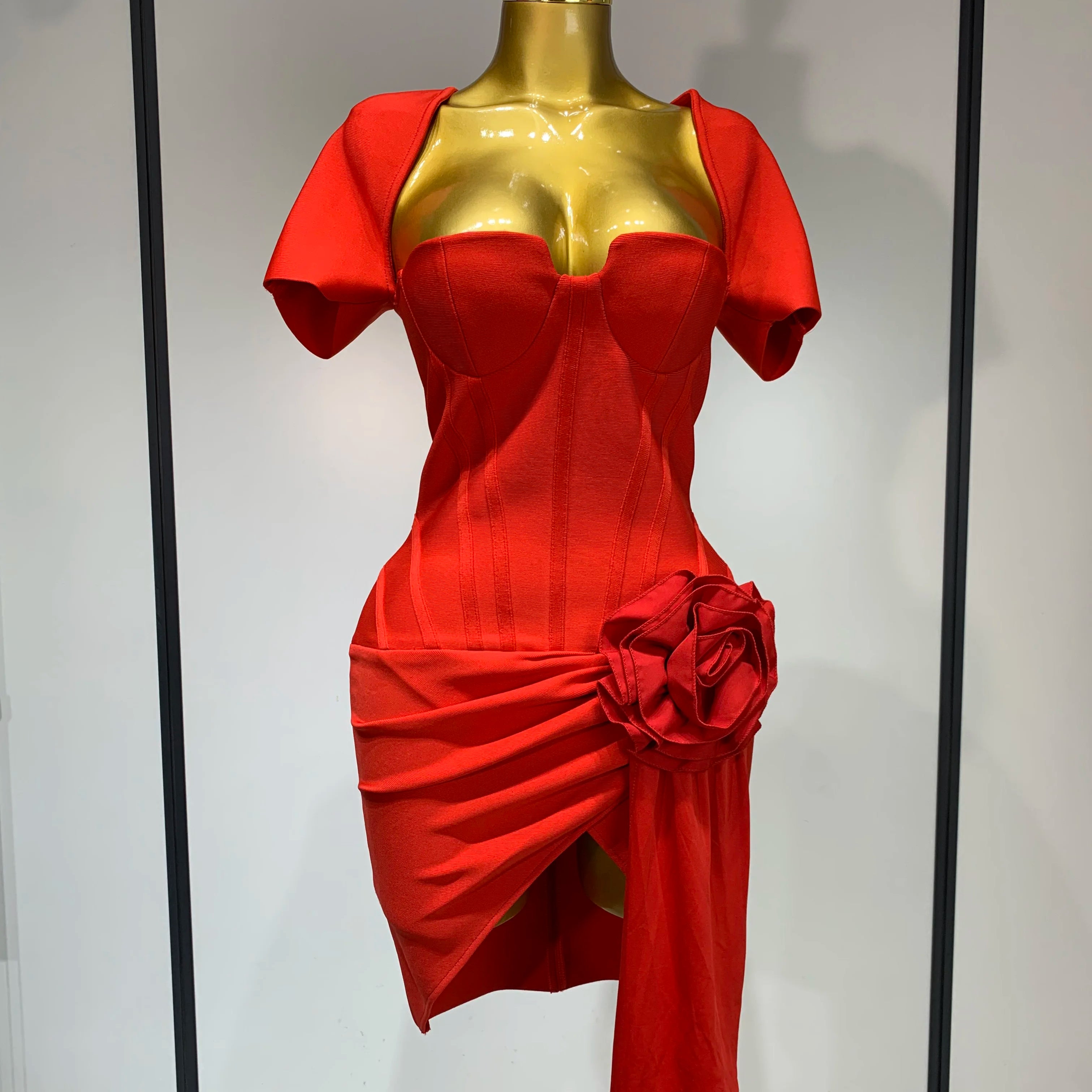 Women Sexy Short Sleeve Square Collar Bodycon Mini Bandage Dress Celebrity Red Carpet Dress Flower Luxury Birthday Outfit