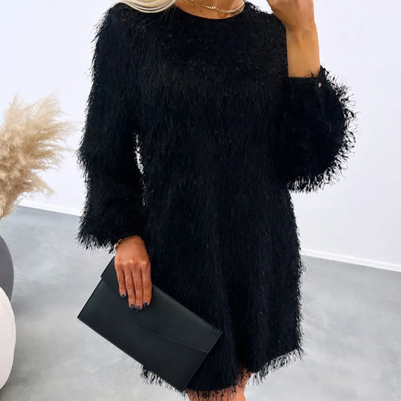 Women Dresses Spring Fashion Fluffy O-Neck Casual Plain Long Sleeve Daily Mini Straight Dress Woman Clothing black