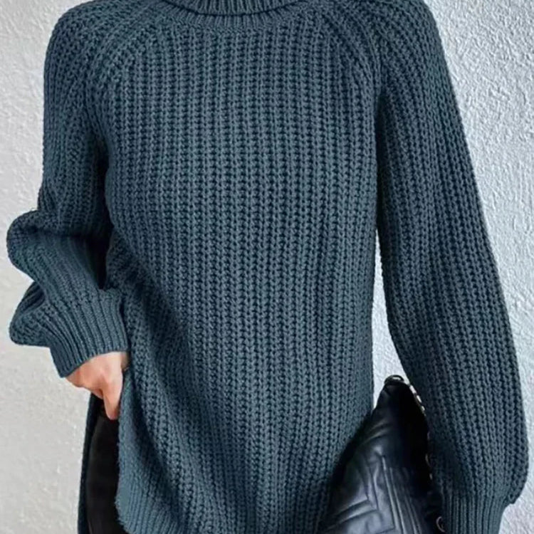 Women Winter Turtleneck Loose Sweater Elegant Drop Sleeve Side Split Pullover Vintage Harajuku Chic Jumpers Oversized knit Tops Gray-blue