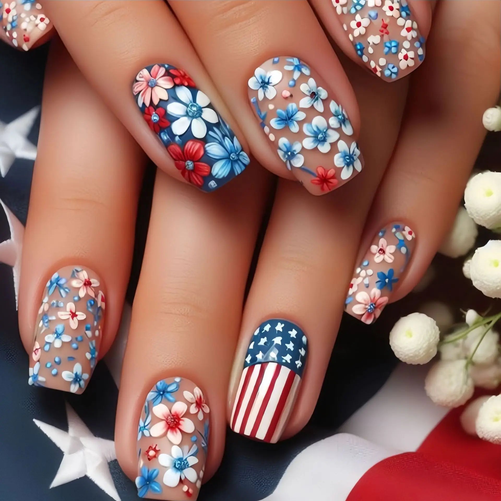 24pcs/set Short Medium square ballet fake nails tip for American Independence Day blue red flowers star flag press on false nail