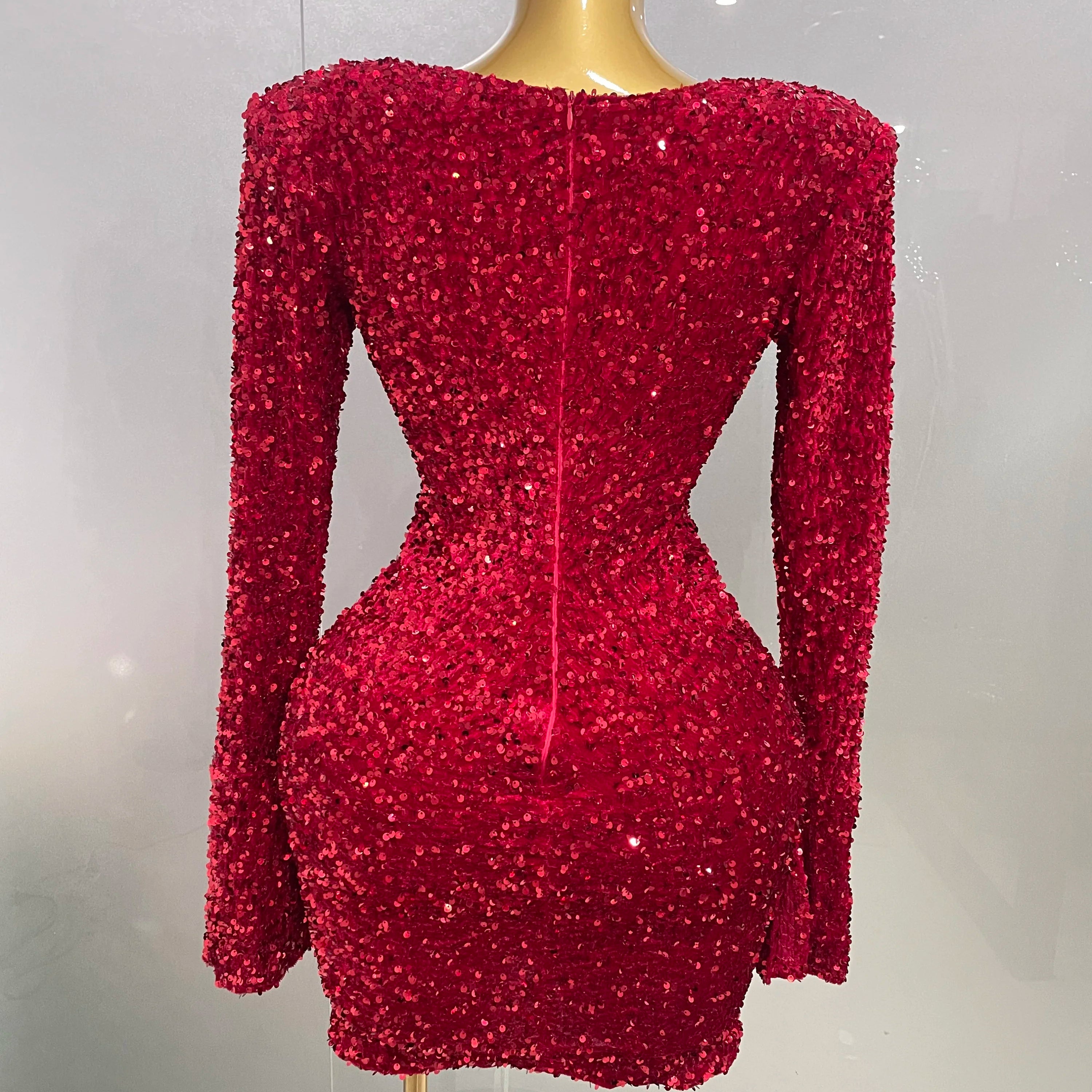 Sexy Shiny Red Sequins Rhinestones Sheath Mini Dress 2025 New Women Evening Birthday Party Nightclub Stage Performance Costume