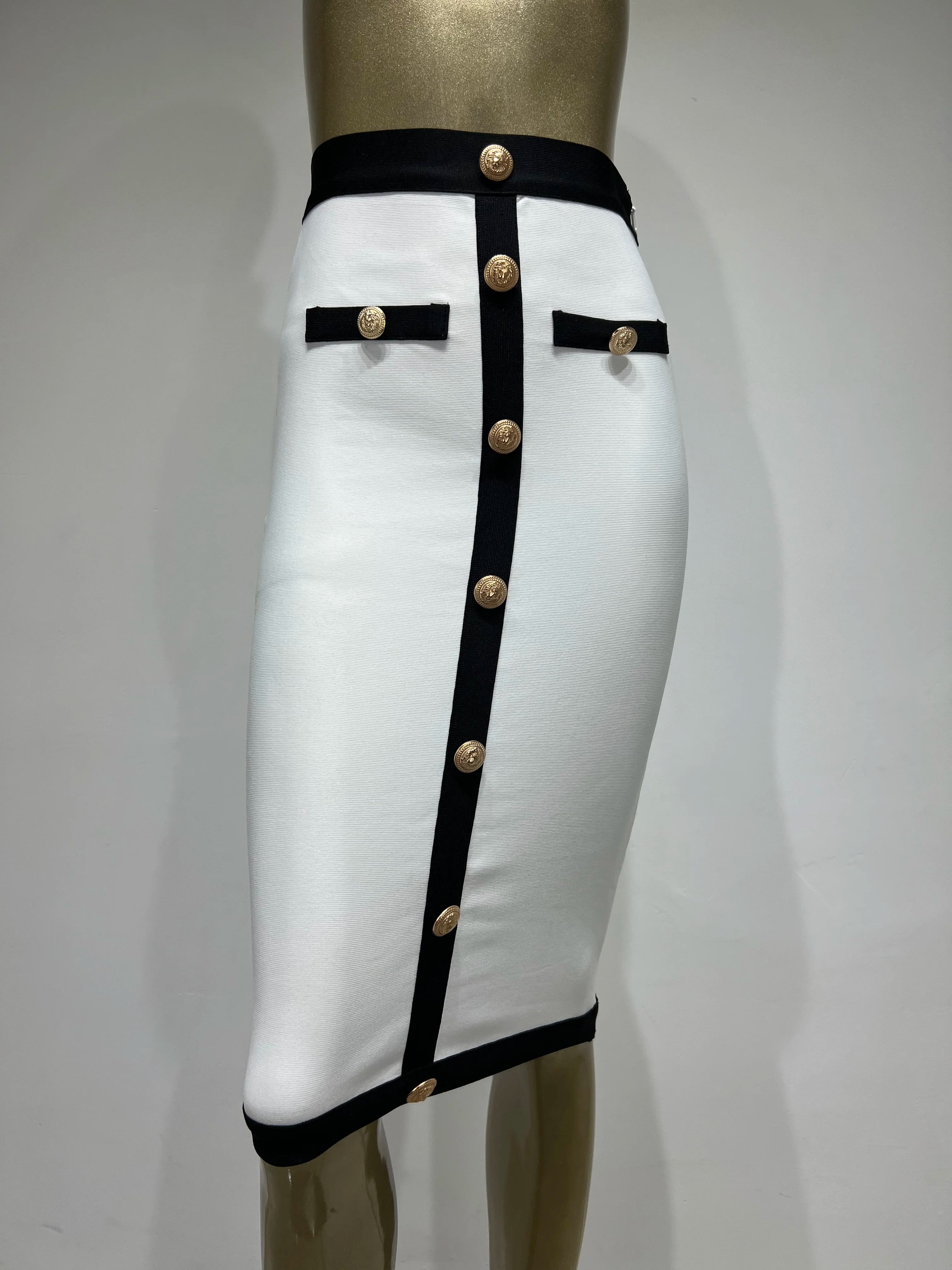est Women Button Patchwork White Black Bodycon Bandage Skirt 2023 Designer High Waist Party Club Pencil Skirt 60cm