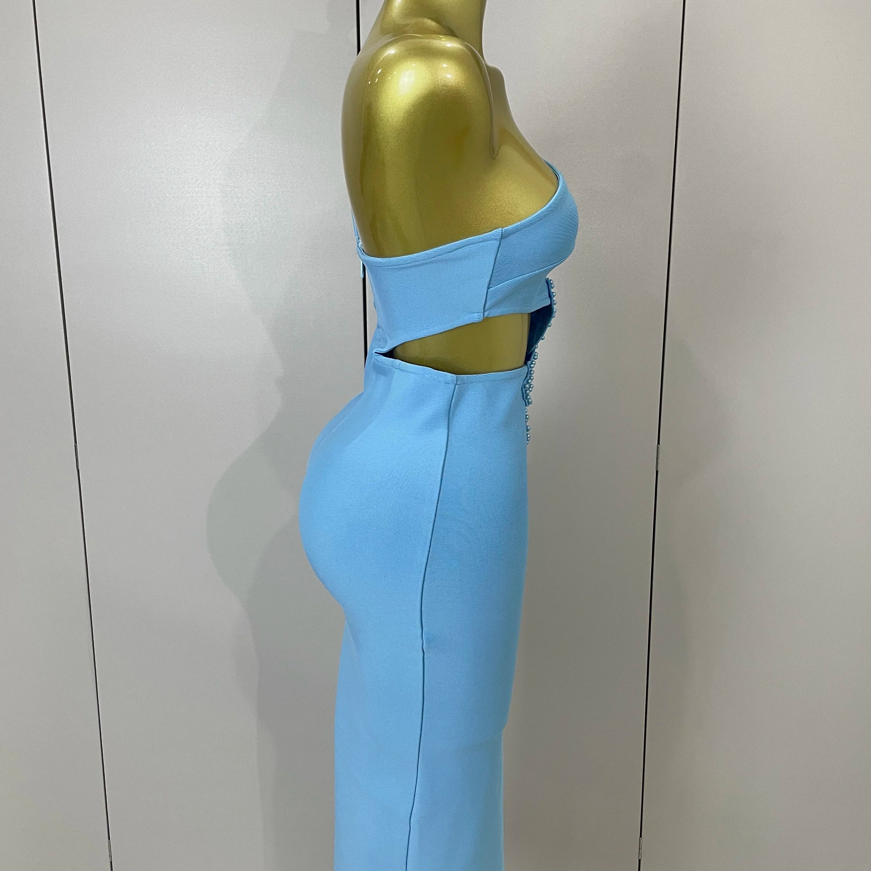 Luxury Sexy One Shoulder Pearl Sky Blue Bodycon Bandage Dress 2025 Women Celebrity Elegant Evening Club Birthday Party Outfit