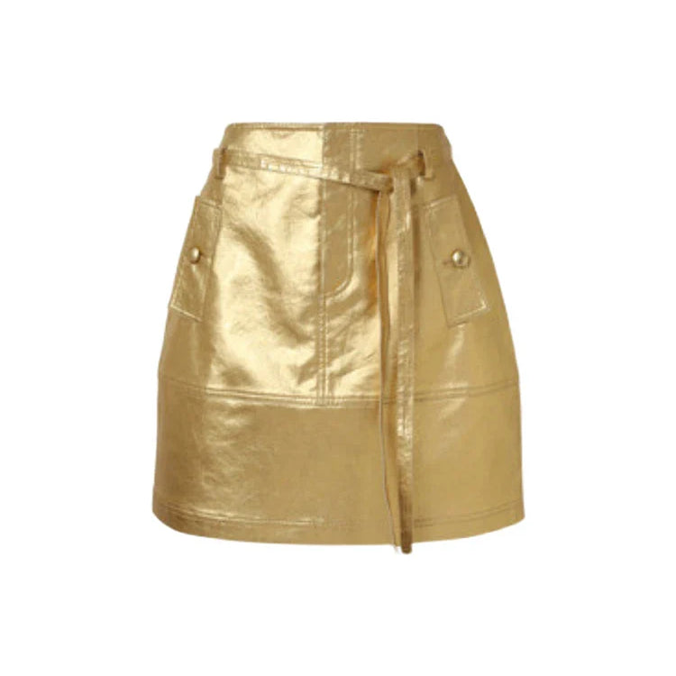 Summer Autumn Gold Shiny Faux Leather Skirt Women with Sashes A Line Korean Style Clothes Streetwear 2023 Runway Fashion