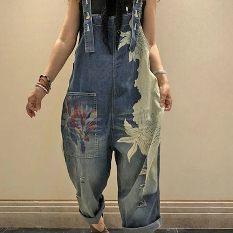 Korean Females Fashion Overalls Ladies Spring Printed Denim Harem Pants Vintage Casual Jeans Womens Loose Vintage Trousers