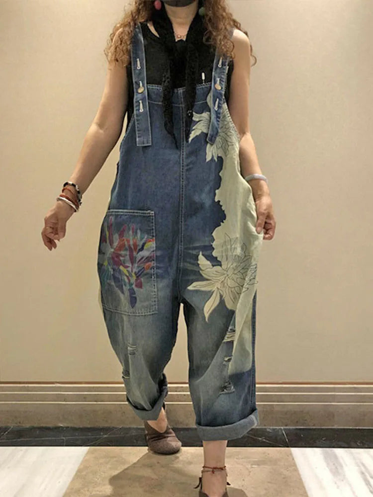 Korean Females Fashion Overalls Ladies Spring Printed Denim Harem Pants Vintage Casual Jeans Womens Loose Vintage Trousers