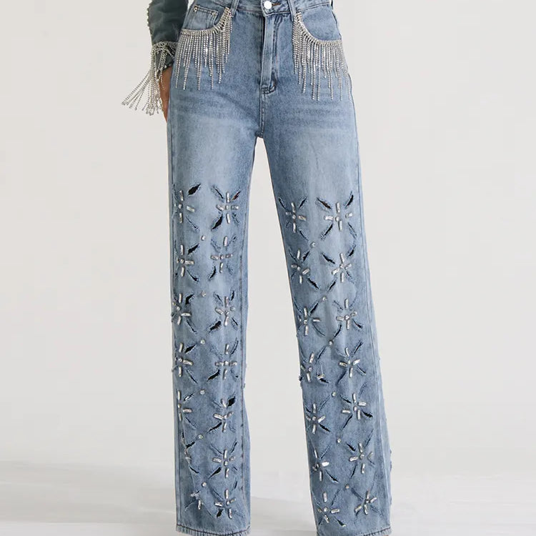 Twotwinstyle hul ud afslappet jeans til kvinder Highh Waist Patchwork Tassel Chic Straight Wide Ben Jean Kvindelig modebeklædning