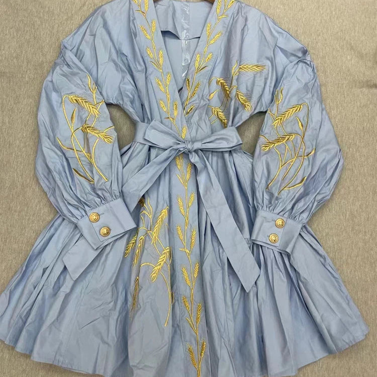 SEQINYY Casual Mini Dress Summer Spring New Fashion Design Women Runway High Quality Embroidery Flower Shirt Fabric Holiday Blue CHINA