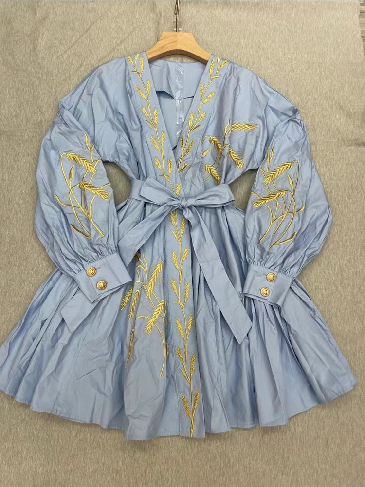 SEQINYY Casual Mini Dress Summer Spring New Fashion Design Women Runway High Quality Embroidery Flower Shirt Fabric Holiday Blue CHINA