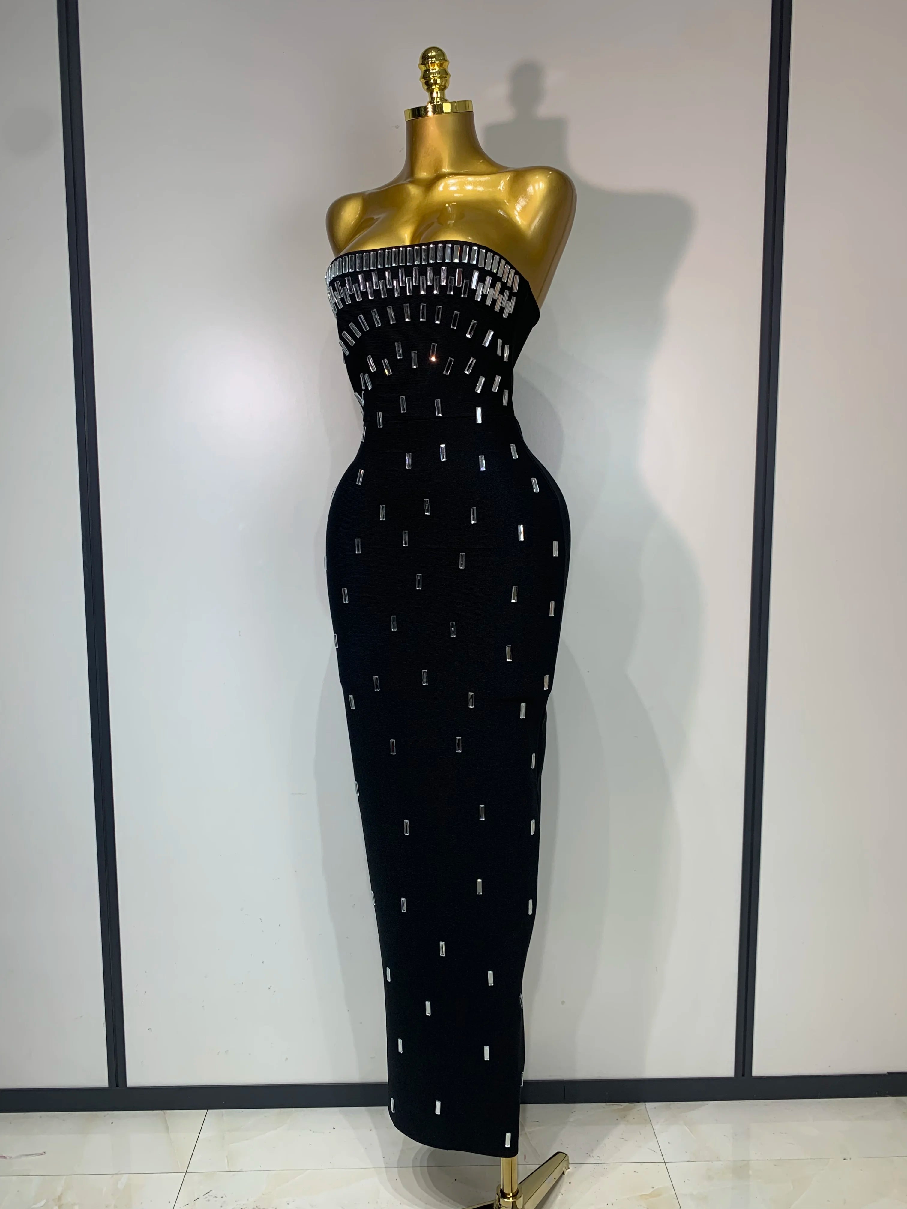 Fashion Sexy Strapless Bodycon Bandage Dress Luxury Rhinestone Celebrity Elegant Evening Prom Gown Birthday Wedding Guest Dress