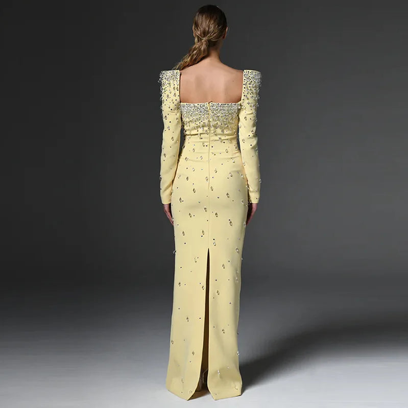 TWOTWINSTYLE Solid Slimming Spliced Bead Luxurious Midi Dresses for Women Square Neck Long Sleeves Split Elegant Dress Female