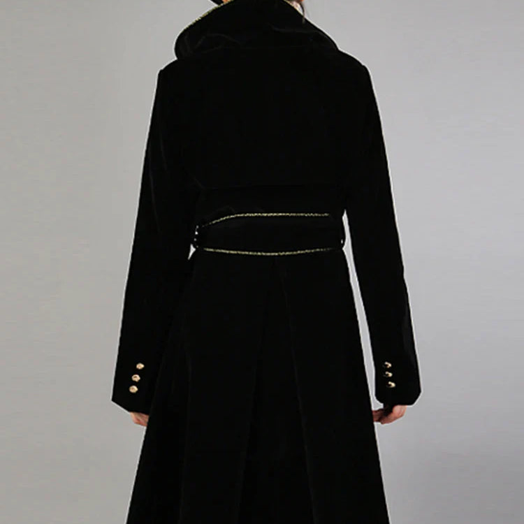 Spring Autumn Long Black Velvet Trench Coat for Women with Gold Trim Sashes Double Breasted Luxury Designer Fashion 2022
