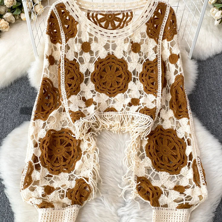 SINGREINY Sunscreen Hook Summer Knit Top Women Elegant O Neck Hollow Out Lantern Sleeve Ladies Vacation Tassel Beach Blouse brown One Size