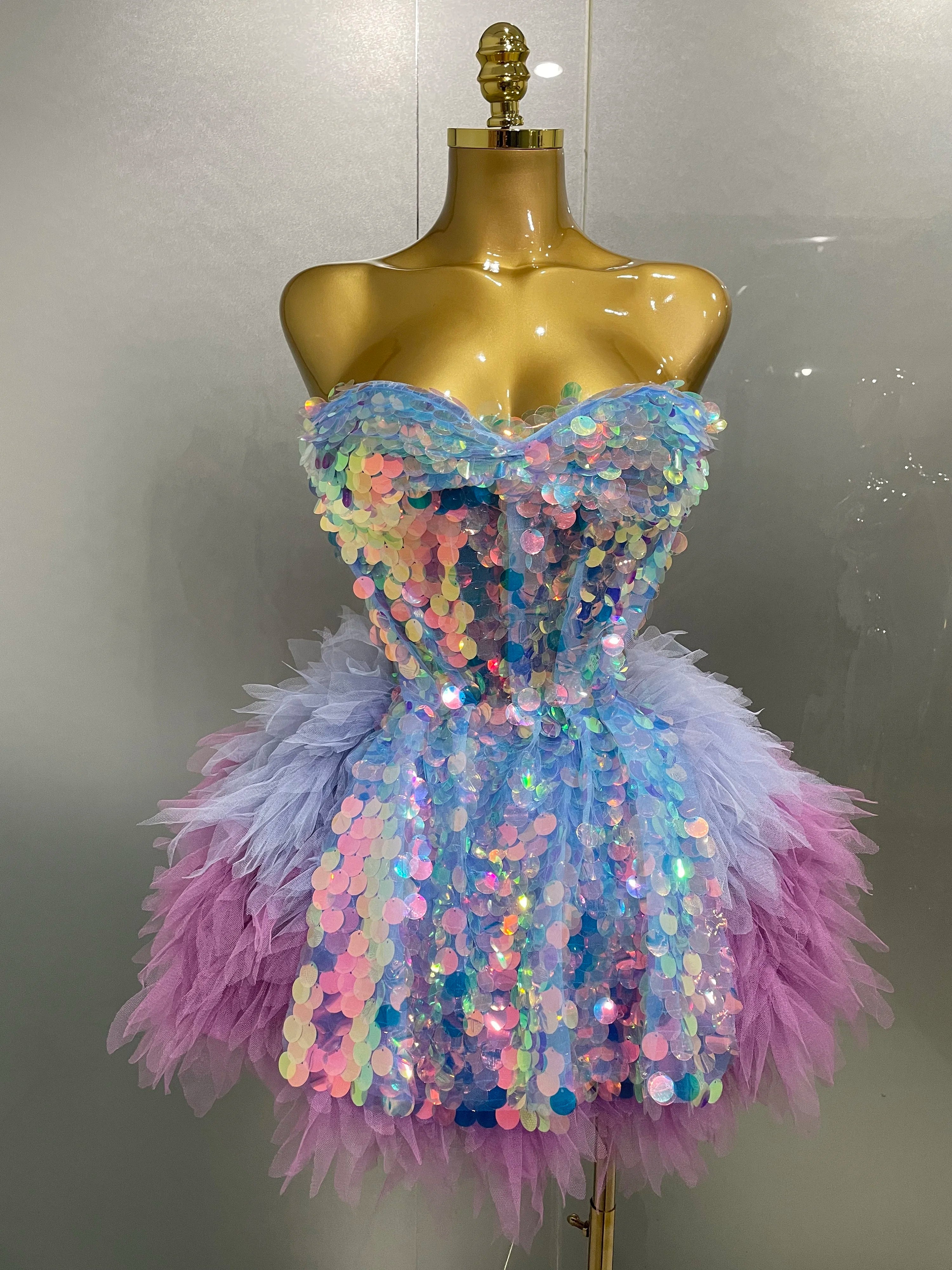 2025 New Stage Costume Women's Sparkly Sequin Mesh A Line Top Skirt 2 Pieces Set Nightclub Party Birthday Dress Photo Shoot Wear