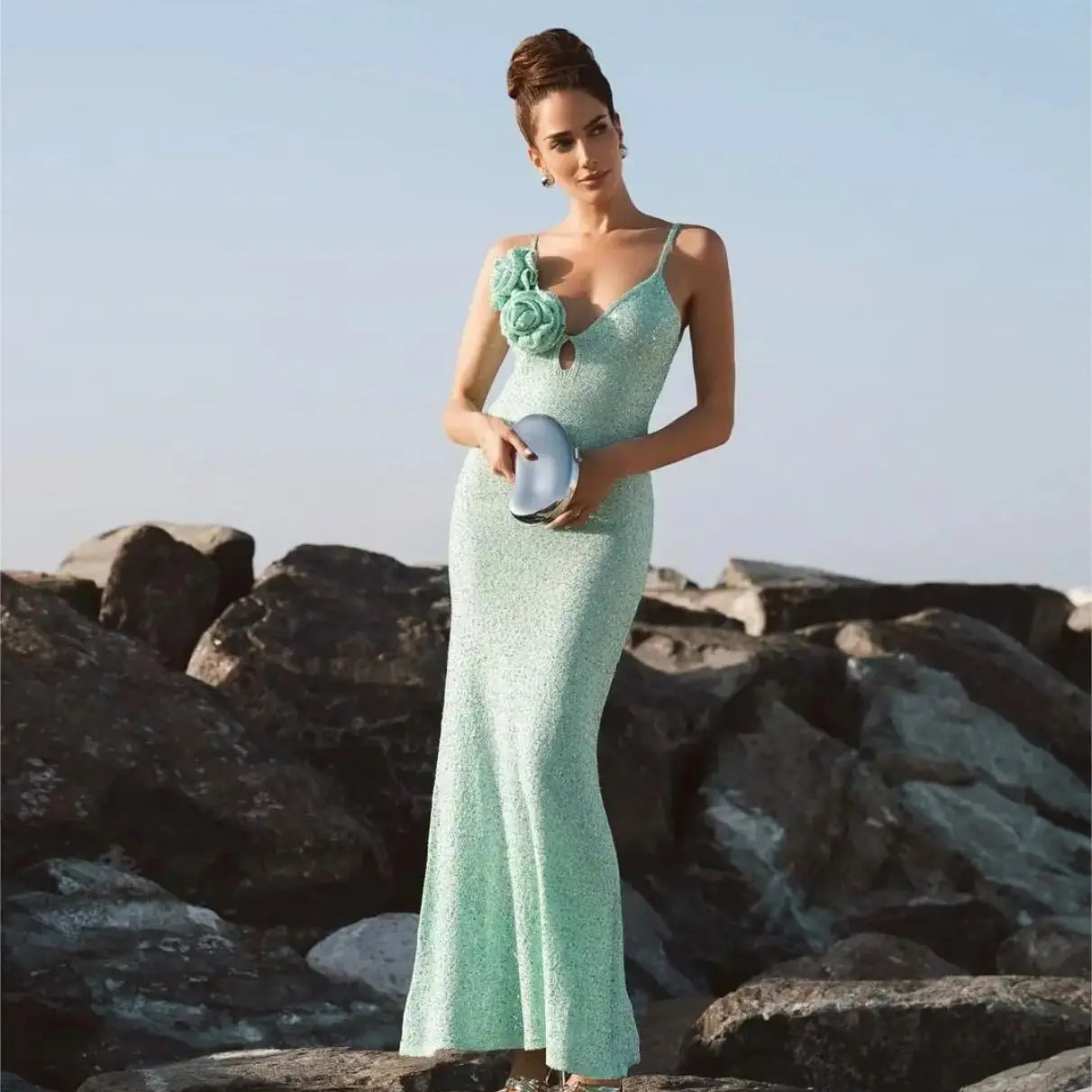 2024 Summer Mint Green Sequins Spaghetti Strap Ankle Length Dress Graceful Woman Evening Party Dress Holiday Vocation Outfit