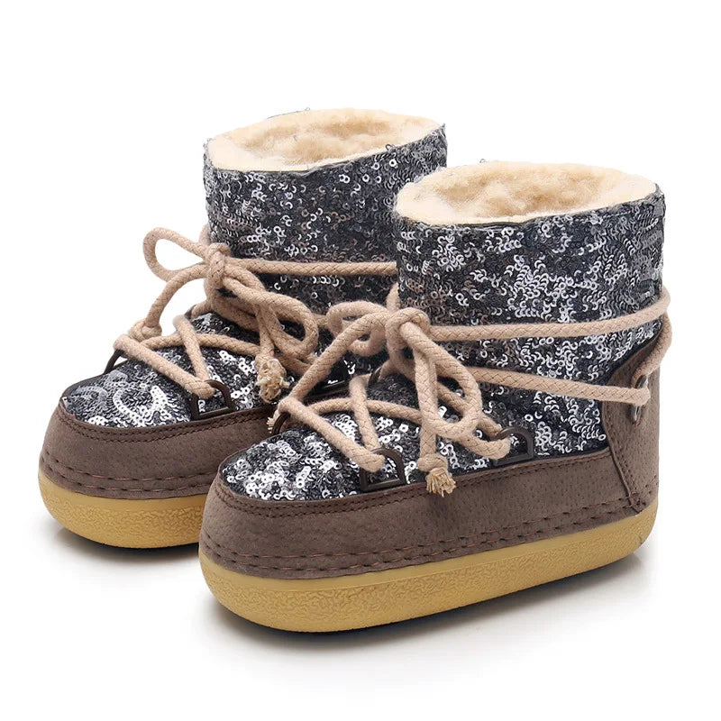 Winter Women Snow Boots Parent-Kid Waterproof Platform Non-slip Boots Children Boys Girls Lace-up Glitter Cotton Ski Boots coffee