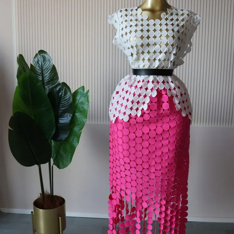 CM.YAYA Women Cutout O-neck Crop Top and Bodycon Midi Slim Maxi Long Skirt Suit 2025 Summer Vacation Sexy Two 2Piece Set Outfits white-Rose red--belt One Size