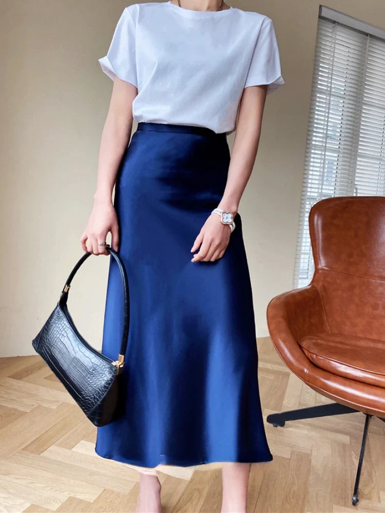 High Waisted Satin Long Skirts for Women Spring/Summer New Women's Skirt A-line Fashion Elegant Slim Fit Grey Black Skirt blue
