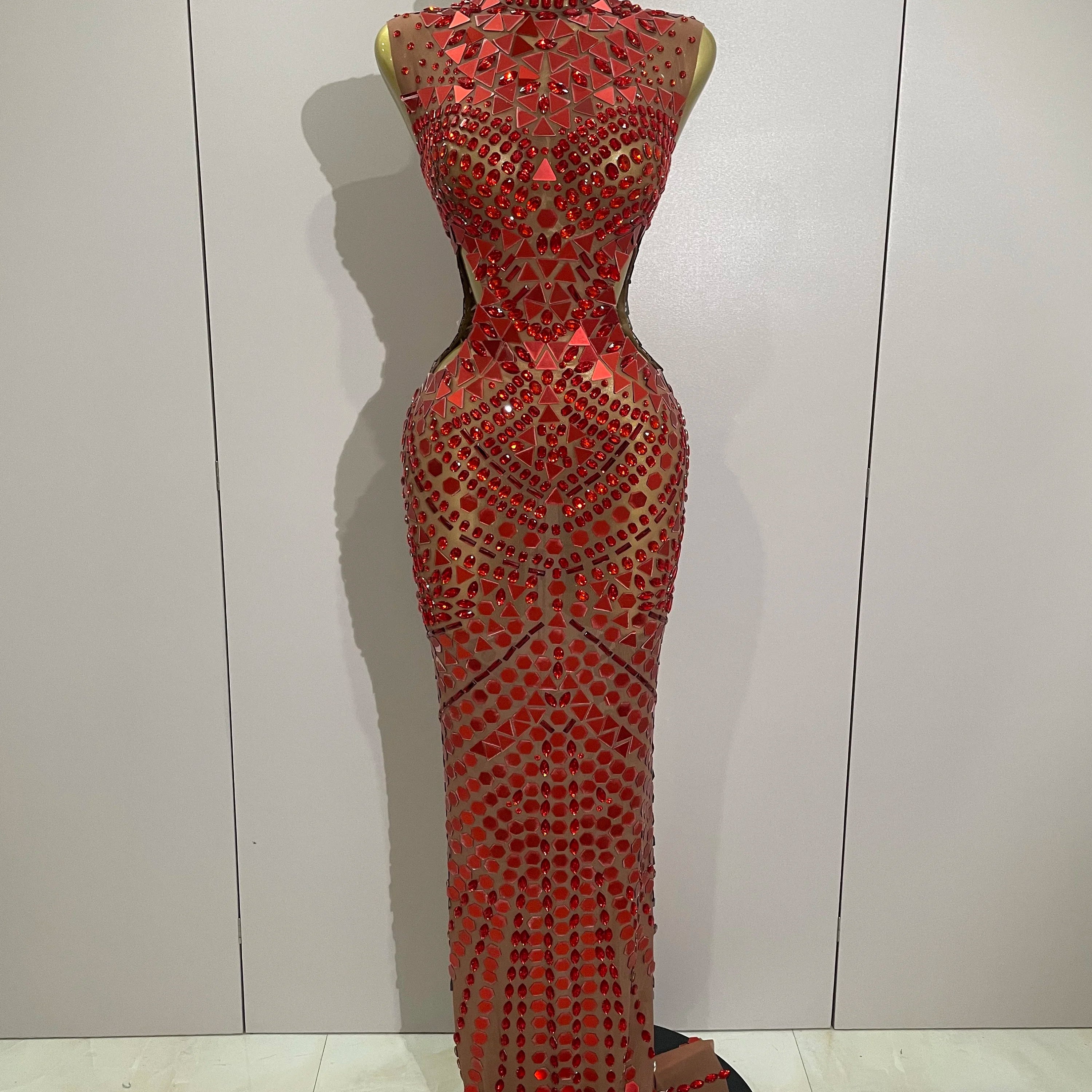 Luxury Shiny Mirror Rhinestones Hollowed-out Long Dress 2025Women Celebrity Evening Party Catwalk Prom Stage Photo Shoot Dresses