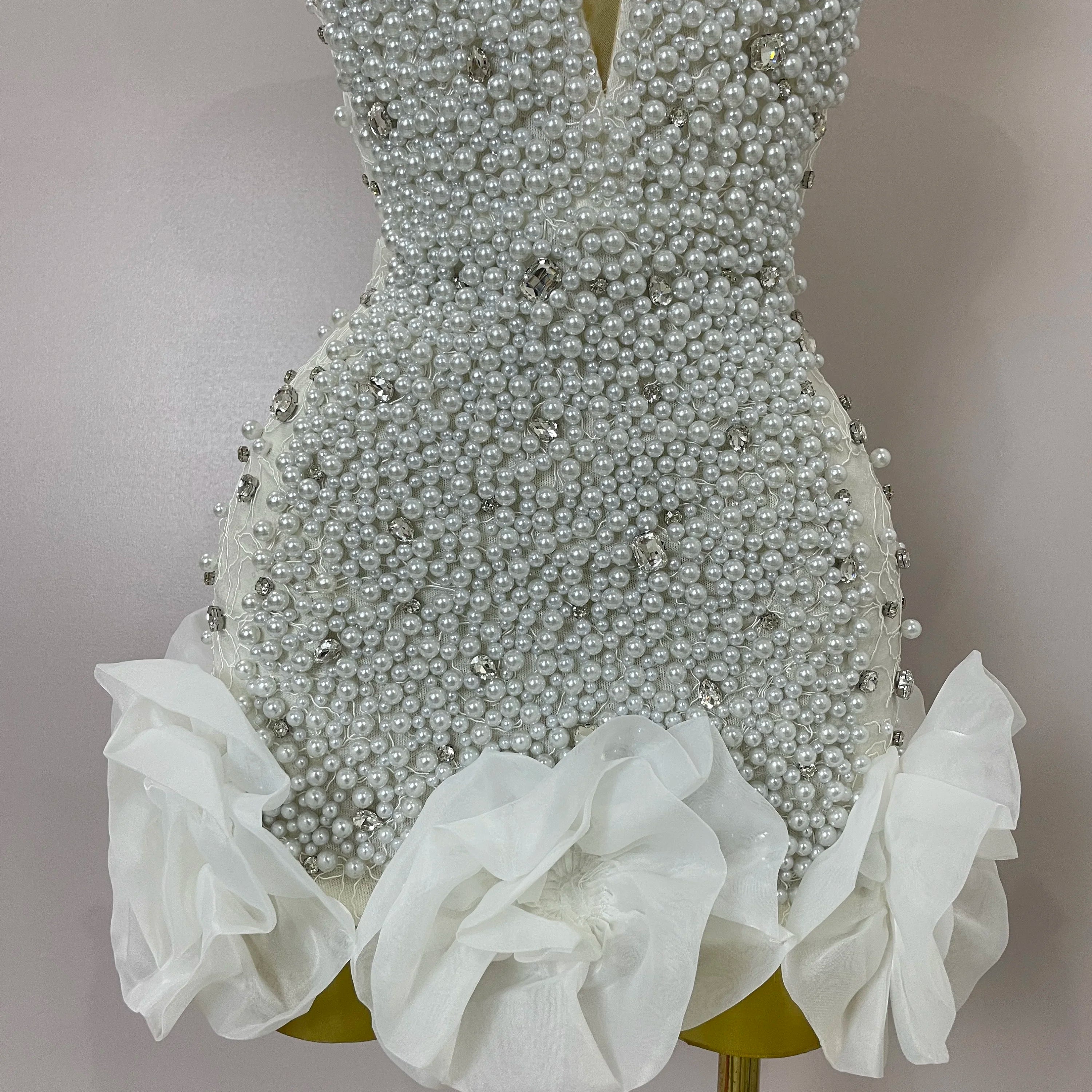 High Quality Luxury Shiny Diamonds Pearl Flowers Deep V Halter Short Dress Women Celebrate Eveing Celebrity Birthday Party Dress