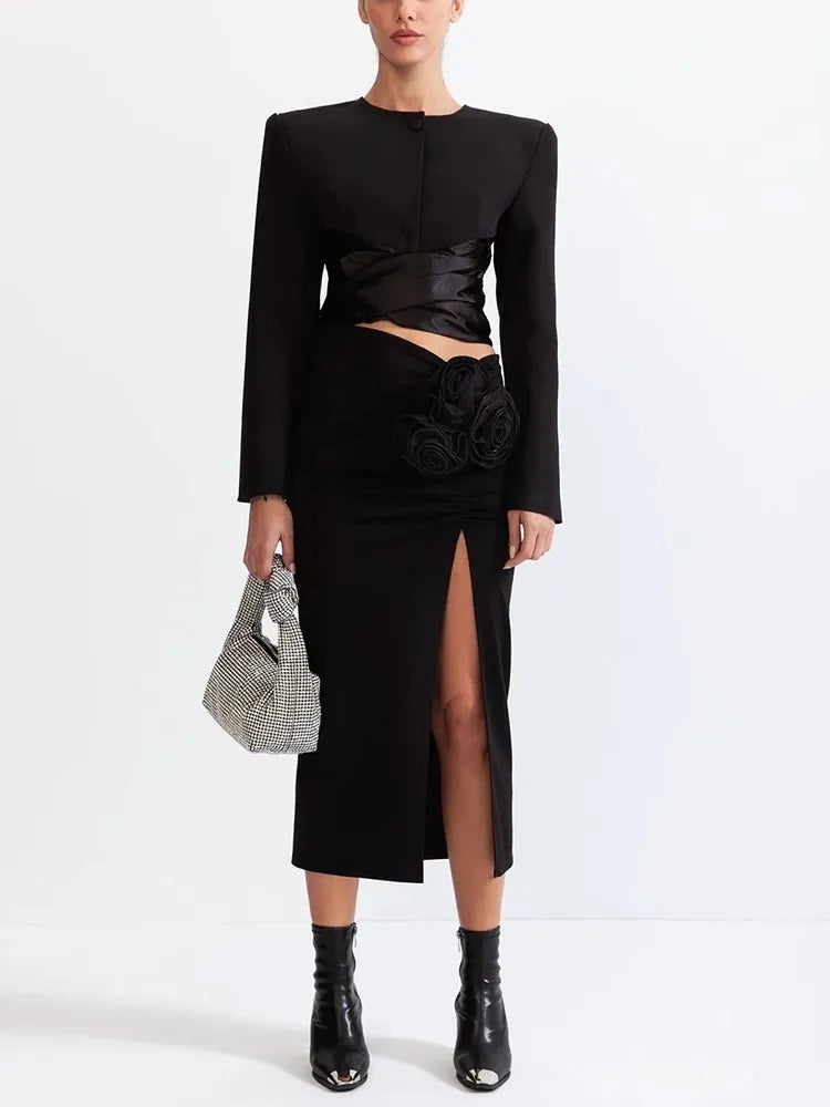 TWOTWINSTYLE Chic Two Piece Set For Women Round Neck Long Sleeve Top High Waist Spliced Appliques Skirt Elegant Sets Female New