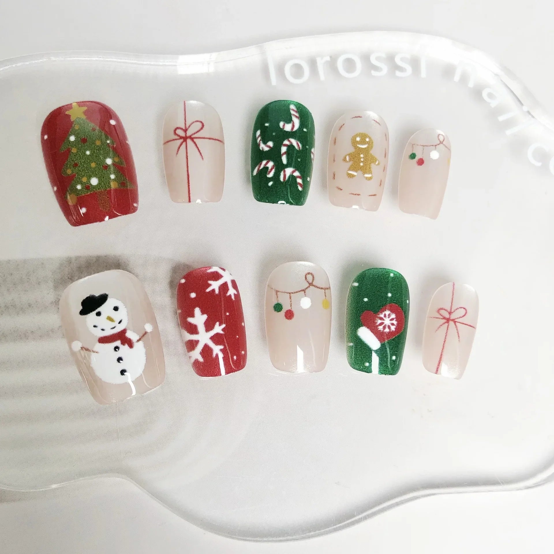 24Pcs Short Square Fake Nails Press on 3D Snowflake Christmas Tree Full Cover Nails Tips Cat's Eye Gilded Detachable False Nails