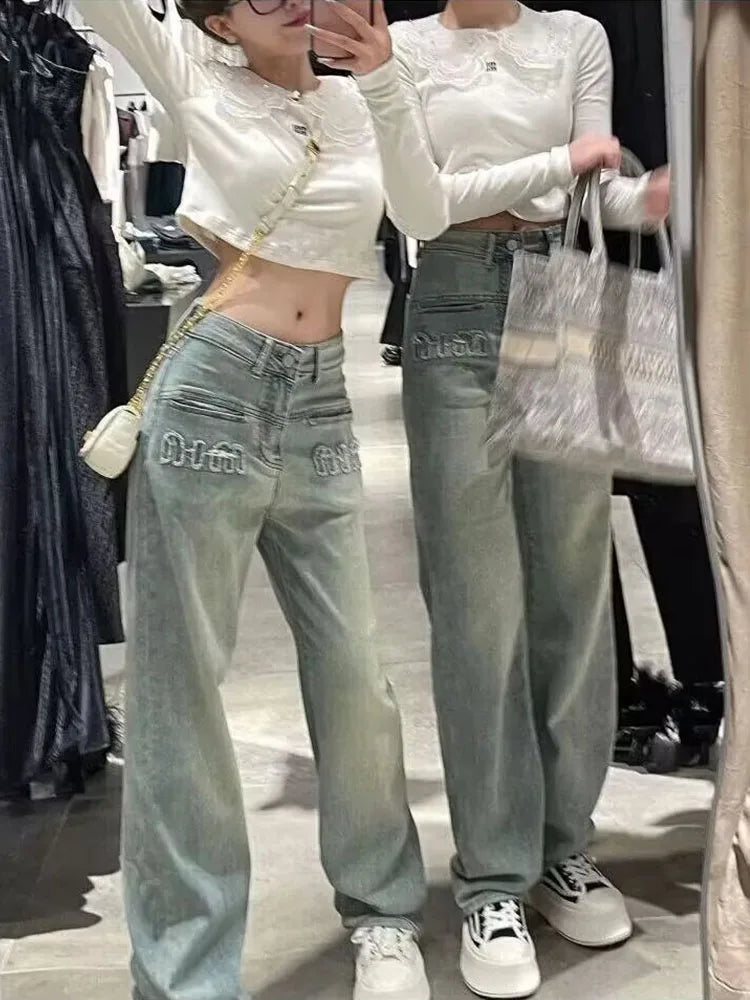 Y2K American Retro Gothic Wide Legged New Worn Out Washed Loose Slim Straight Floor Dragging Jeans Blue