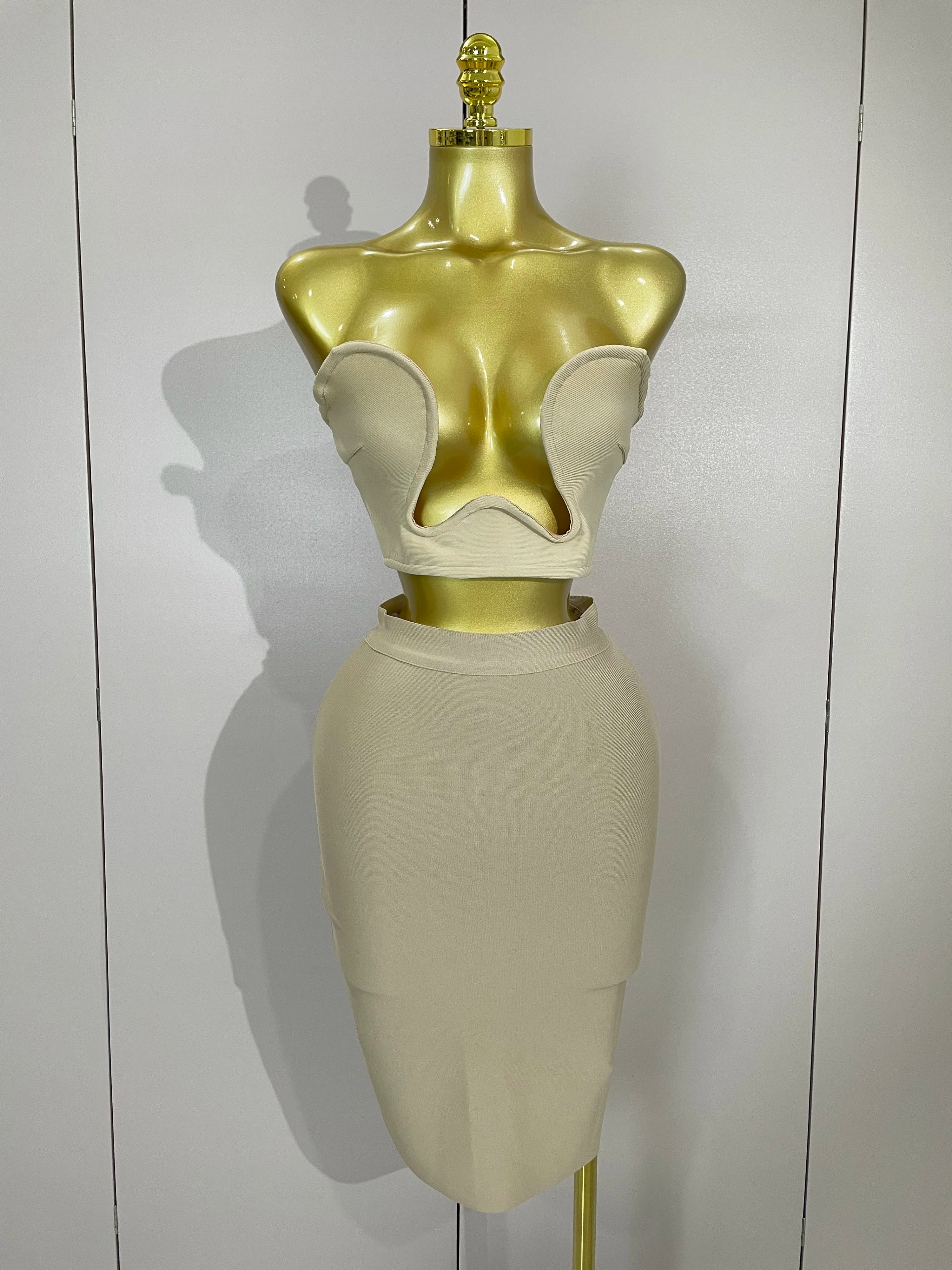 2025 Women Sexy Strapless Backless Black Bandage Two Piece Suit Celebrity Designer Fashion Birthday Gown Evening Prom Costume