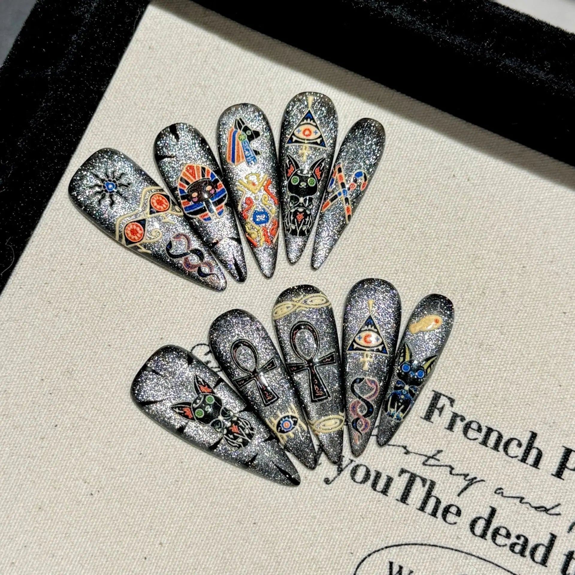 10pcs Y2k Long Stiletto False Nail Tips Gradient Black Metal Heart Cross Decor Handmade Press On Nails Sweet Cool DIY Manicure