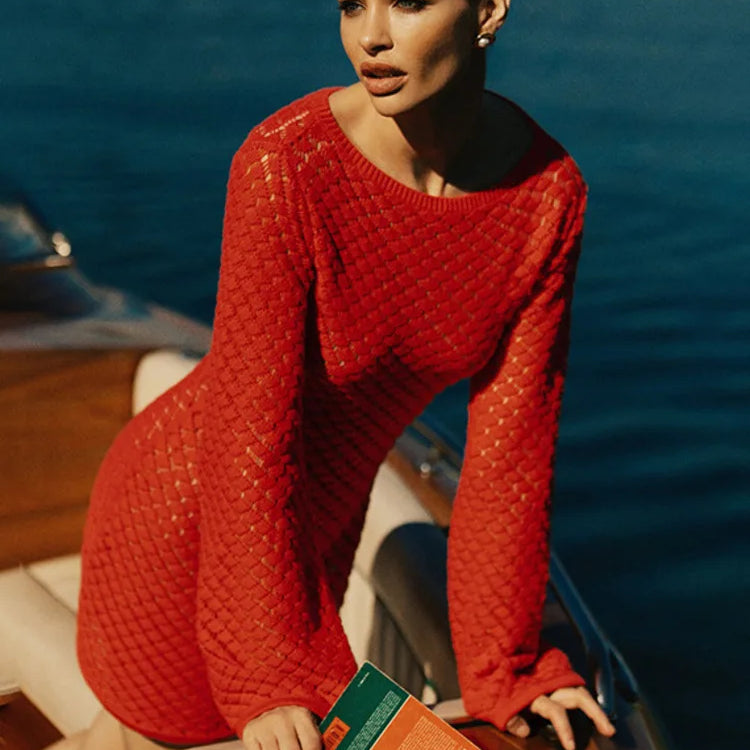 Backless Long Sleeve Knit Mini Dress For Women Fashion Elegant Spring Summer See Through Beach Holiday Dress Beachwear
