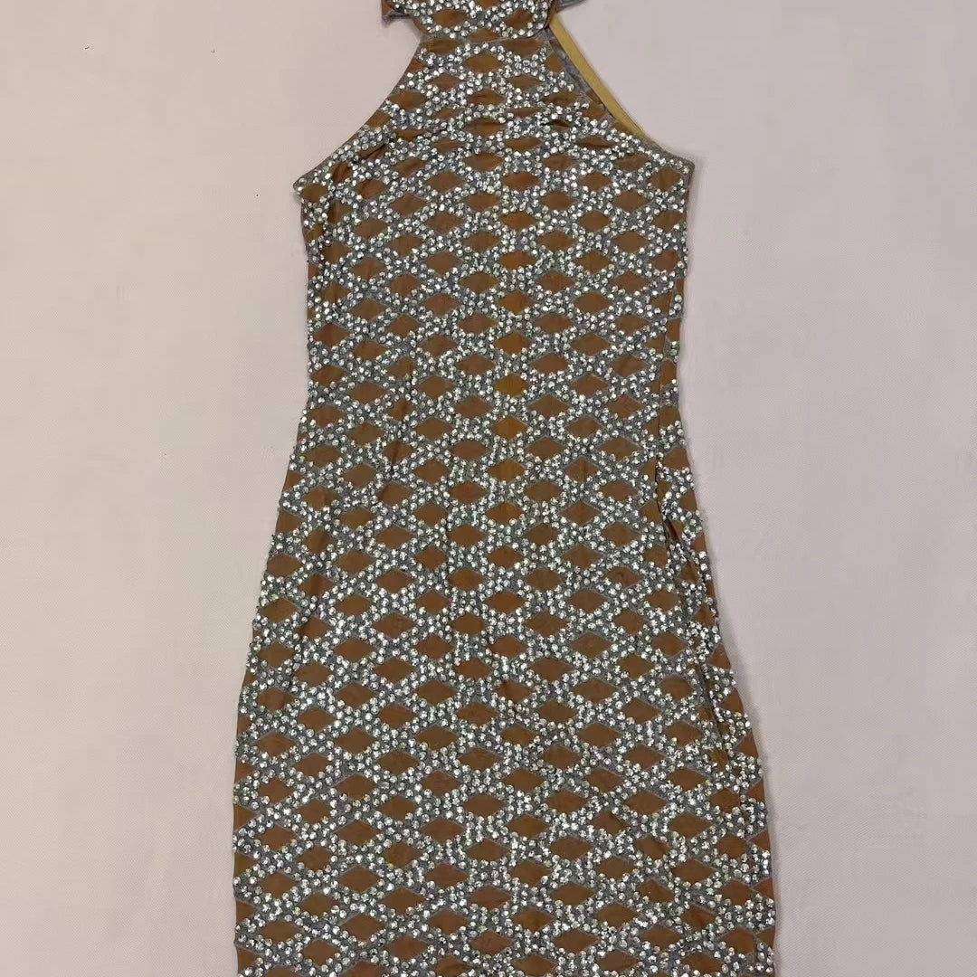 Women High-end Silver Crystals Mini Dress Sparkly Chic Ball Dress Sheer Mesh Sleeveless Birthday Party Sexy Dress linggejiaodian