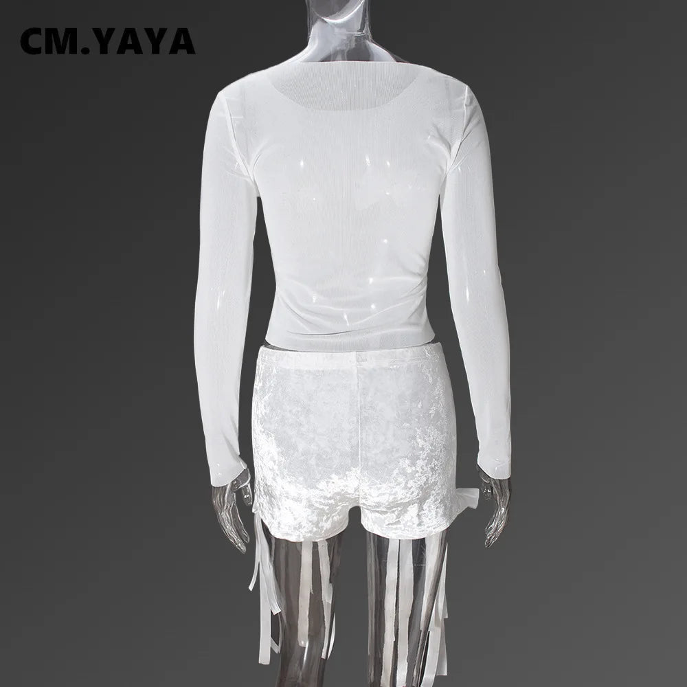 CM.YAYA Women's Set Bow O-Neck Mesh Long Sleeve Tops + Velvet Shorts Suits Streetwear Sexy Two 2 Piece Outfits Tracksuits Summer