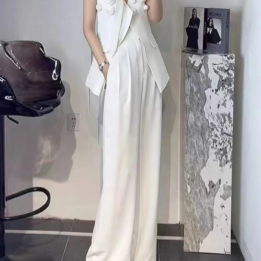 TWOTWINSTYLE Solid Spliced Applique Two Piece Sets for Women V Neck Sleeveless Patchwork Lace Up Top High Waist Skirt Set Female