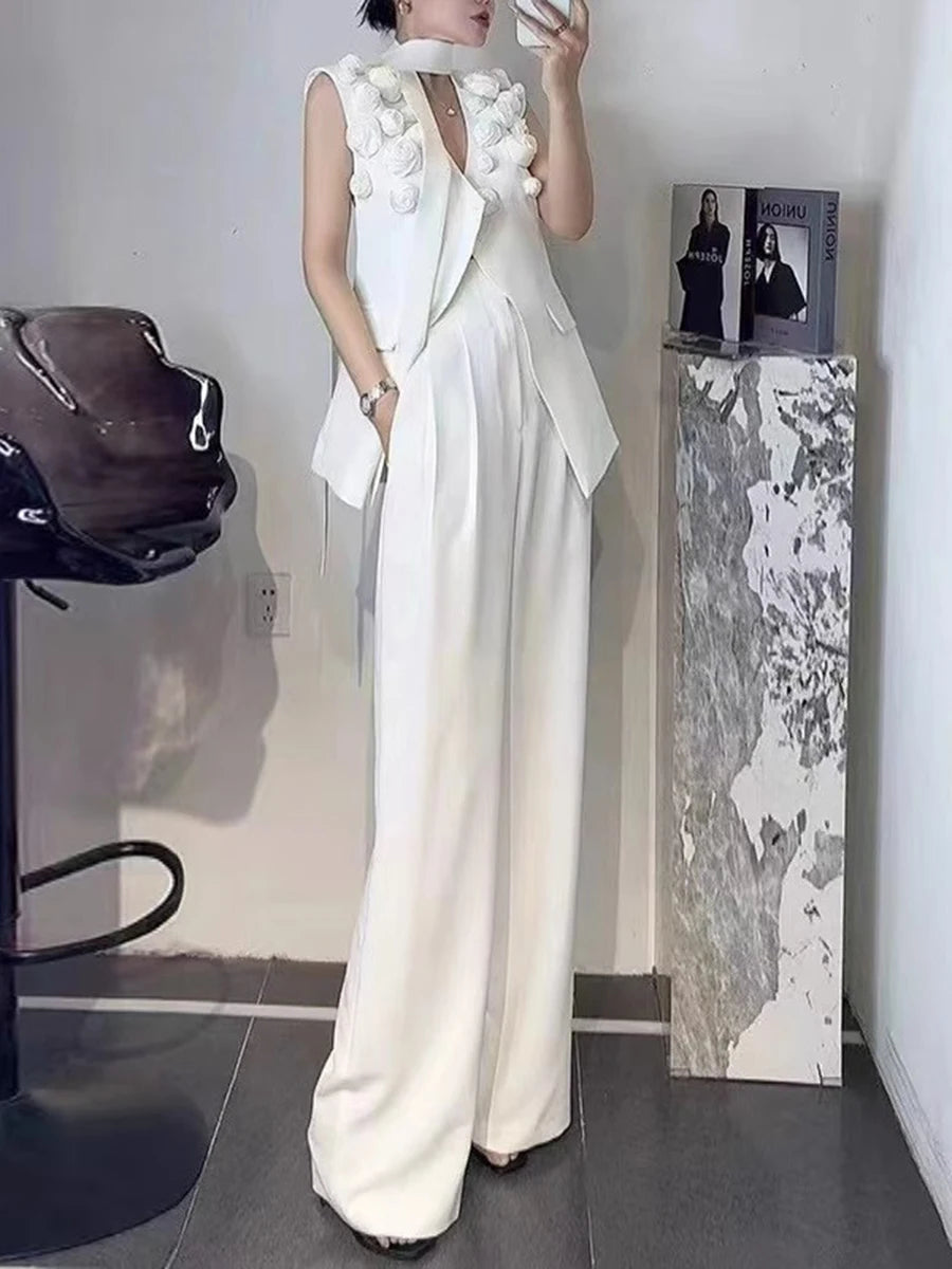 TWOTWINSTYLE Solid Spliced Applique Two Piece Sets for Women V Neck Sleeveless Patchwork Lace Up Top High Waist Skirt Set Female