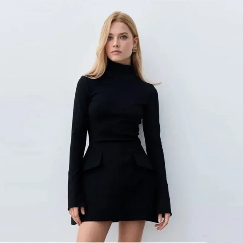 Elegant Long Sleeve Half Turtleneck Dress Women Sexy Autumn Spring Hip Package Skirts for Female Newest Slim Party Dresses Black