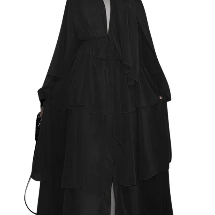 New In Women Abaya NO SCRARF(Encrypted Chiffon)Elegant Muslim Stitching Three Layer Abaya Ruffle Sleeves Cardigan Marocain Dress black