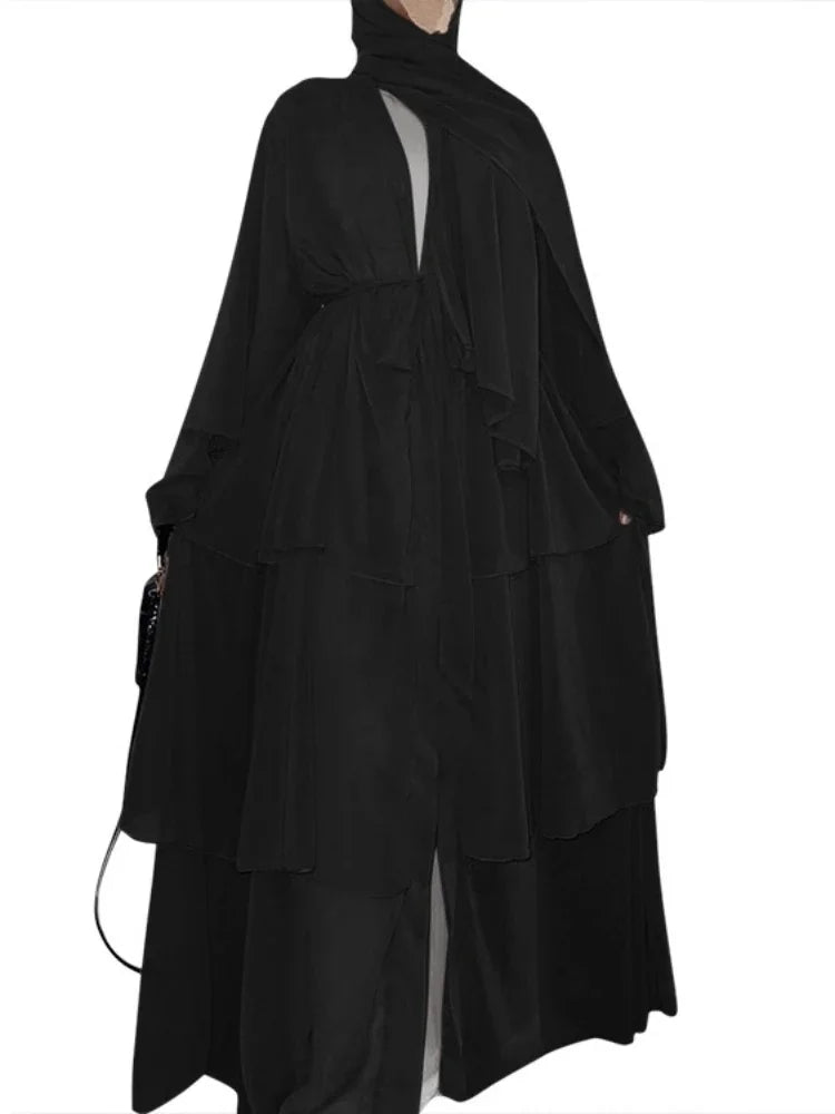 New In Women Abaya NO SCRARF(Encrypted Chiffon)Elegant Muslim Stitching Three Layer Abaya Ruffle Sleeves Cardigan Marocain Dress black
