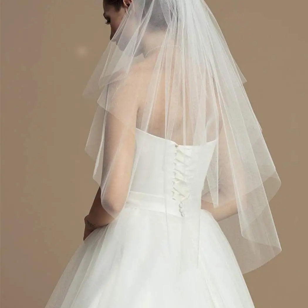 2 Tiers White Ivory Bride Wedding Veil Short Fingertip Bridal Tulle Veil with Comb and Cut Edge Velos De Novia Largos