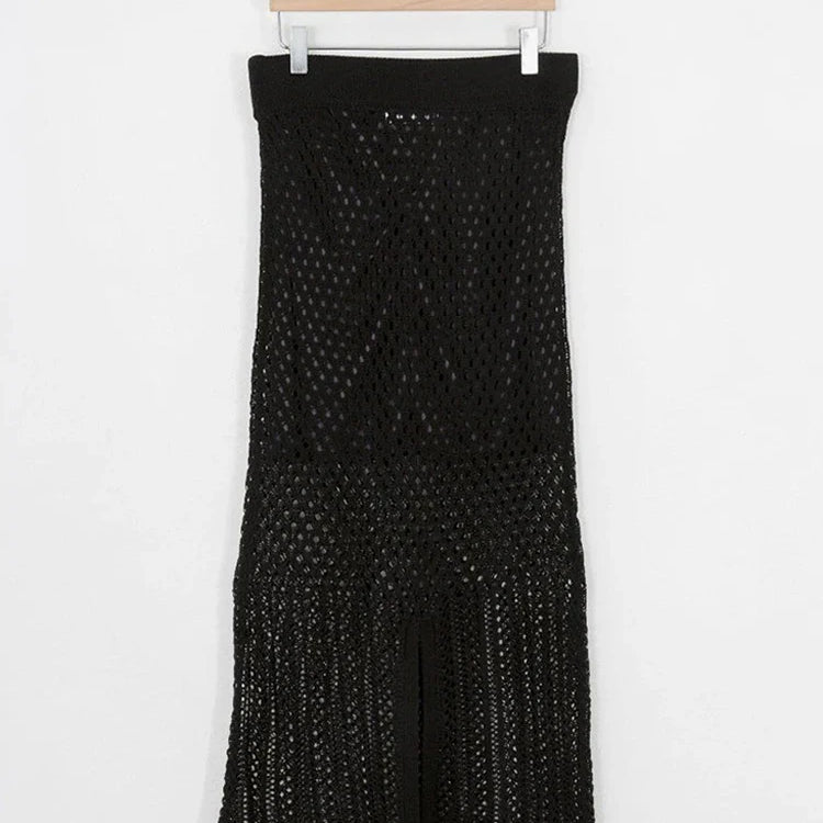 Tossy Summer Hollow Out Knit Long Skirt Casual Wrap Ladies Pencil See Through Midi Skirts 2022 Bodycon Korean Streetwear Black One Size
