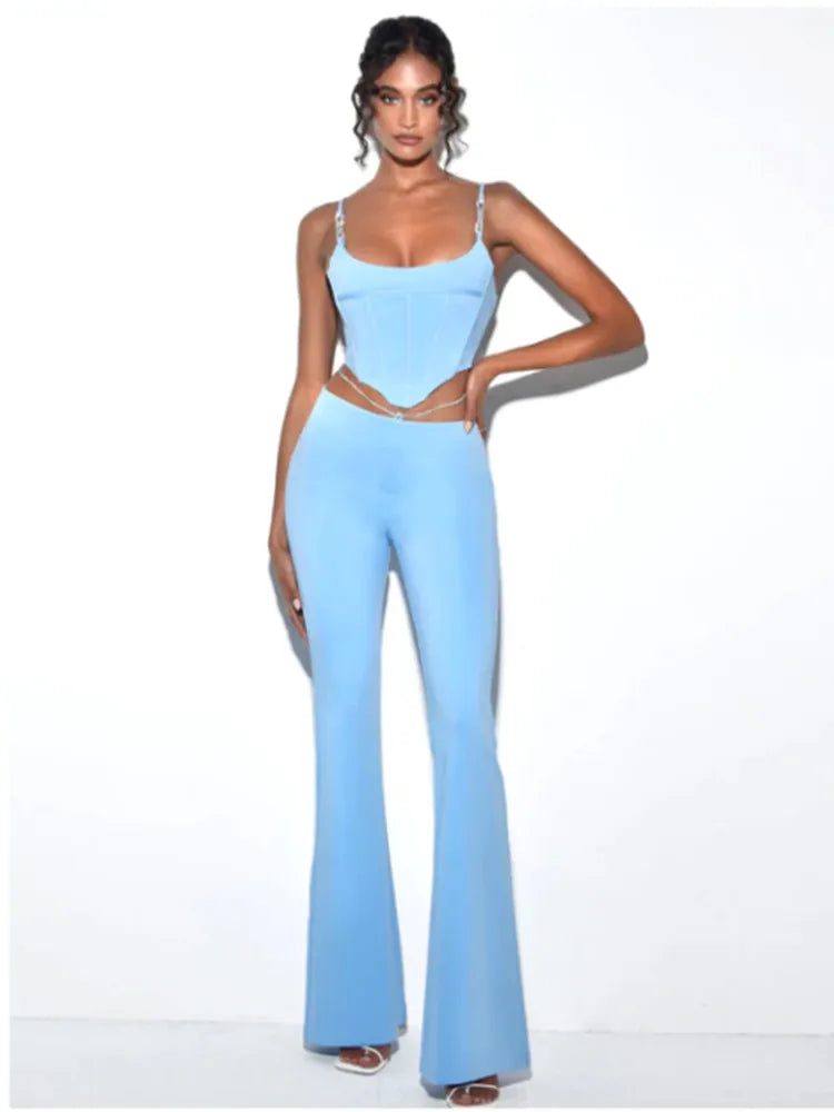 Shiny Chain Sling Sleeveless Cropped Top and Pants 2 Piece Set 2022 New Summer Women's Sexy Club Party Pants Set Outfits