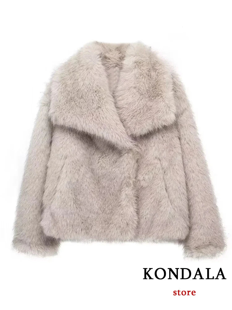 Vintage Faux Fur Oversized Coats Women Fashion Autumn Winter Thick Warm Jackets Casual Pockets Elegant Outwears