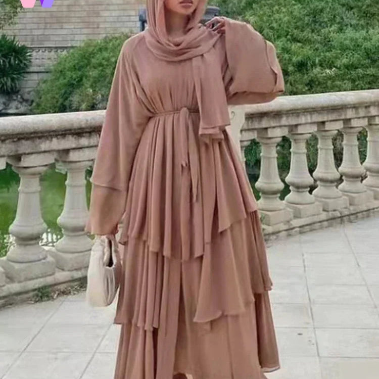 Novo em mulheres abaya sem scarf (chiffon criptografado) elegante costura muçulmana três camadas abaya plissado mangas cardigan vestido marocain 