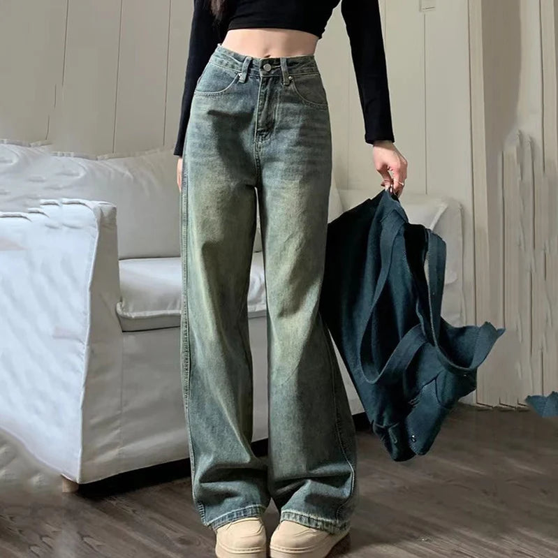 Vintage High Waist Straight Jeans Women 2024 Spring Wide Leg Cargo Pants Woman Streetwear Chic Loose Denim Trousers Mujer