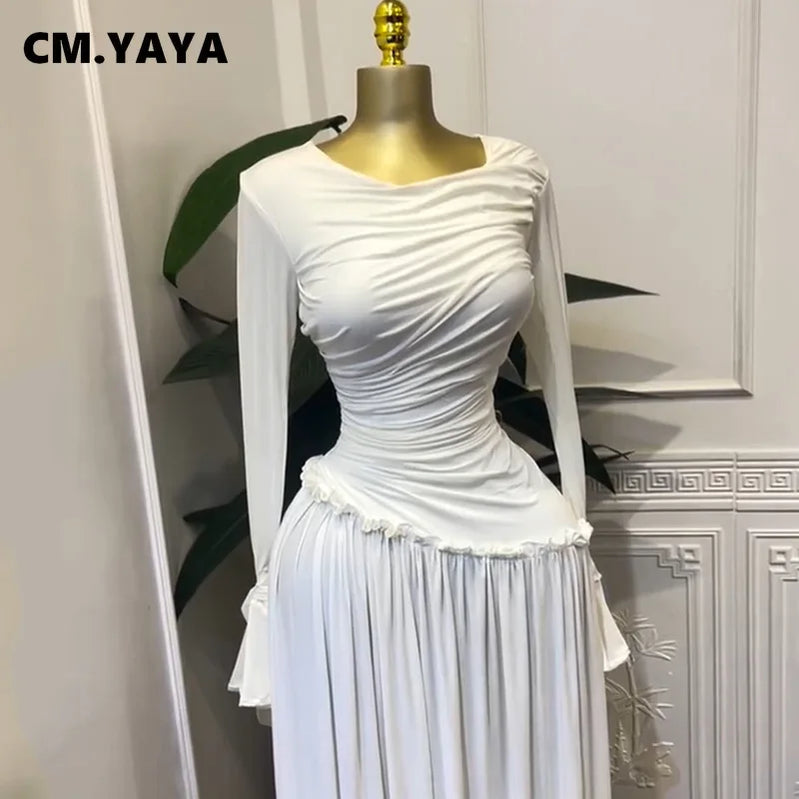 CM.YAYA Women Full Sleeve O-neck Elegant Long Dress Edible Tree Fungus Sweet Holiday Beach Evening Sexy Party Dresses Vestidos