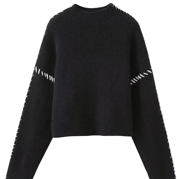 TRAFZA Women Fashion Black Spliced Cable Stitch Turtleneck Oversize Pullover Female Casual Long Sleeve Loose Sweater Vintage Top