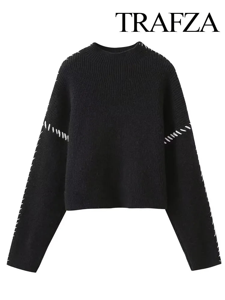 TRAFZA Women Fashion Black Spliced Cable Stitch Turtleneck Oversize Pullover Female Casual Long Sleeve Loose Sweater Vintage Top