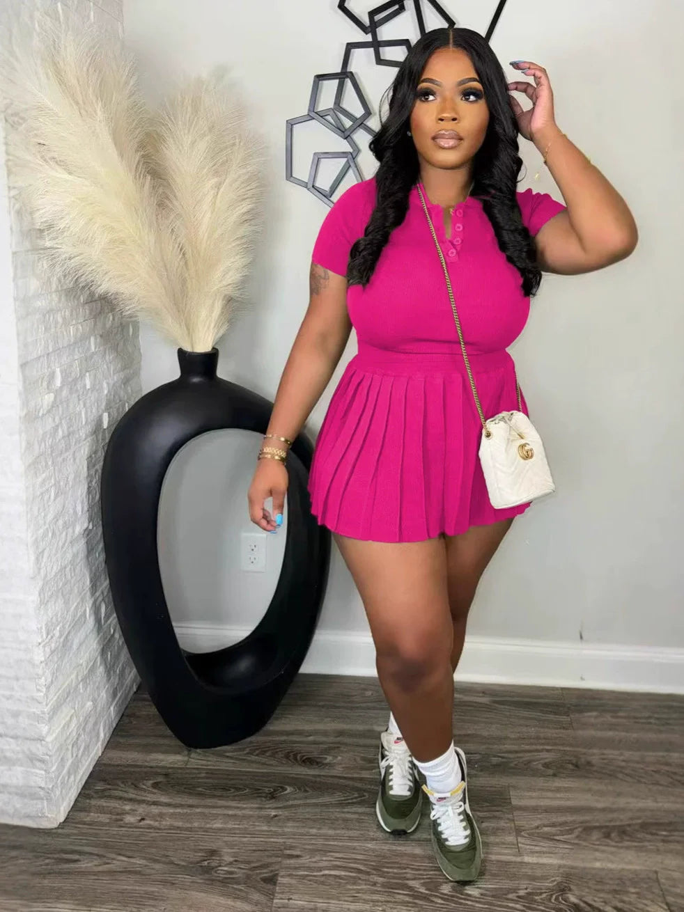 CM.YAYA Fashion Sport Women's Set Pleated Mini Skirt and Short Sleeve T-shirt Top 2024 Street Two 2 Piece Dress Sets Outfits