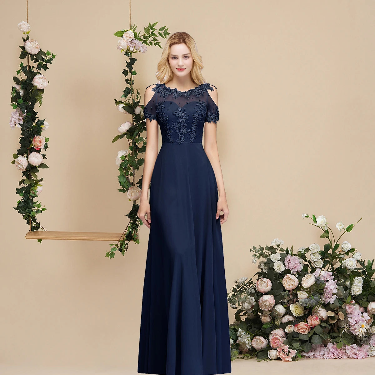 Bridesmaid Dress Pearl Beads Illusion Short Sleeve Boho Formal Party Guest Gowns Chiffon A Line Dresses Women Navy Blue